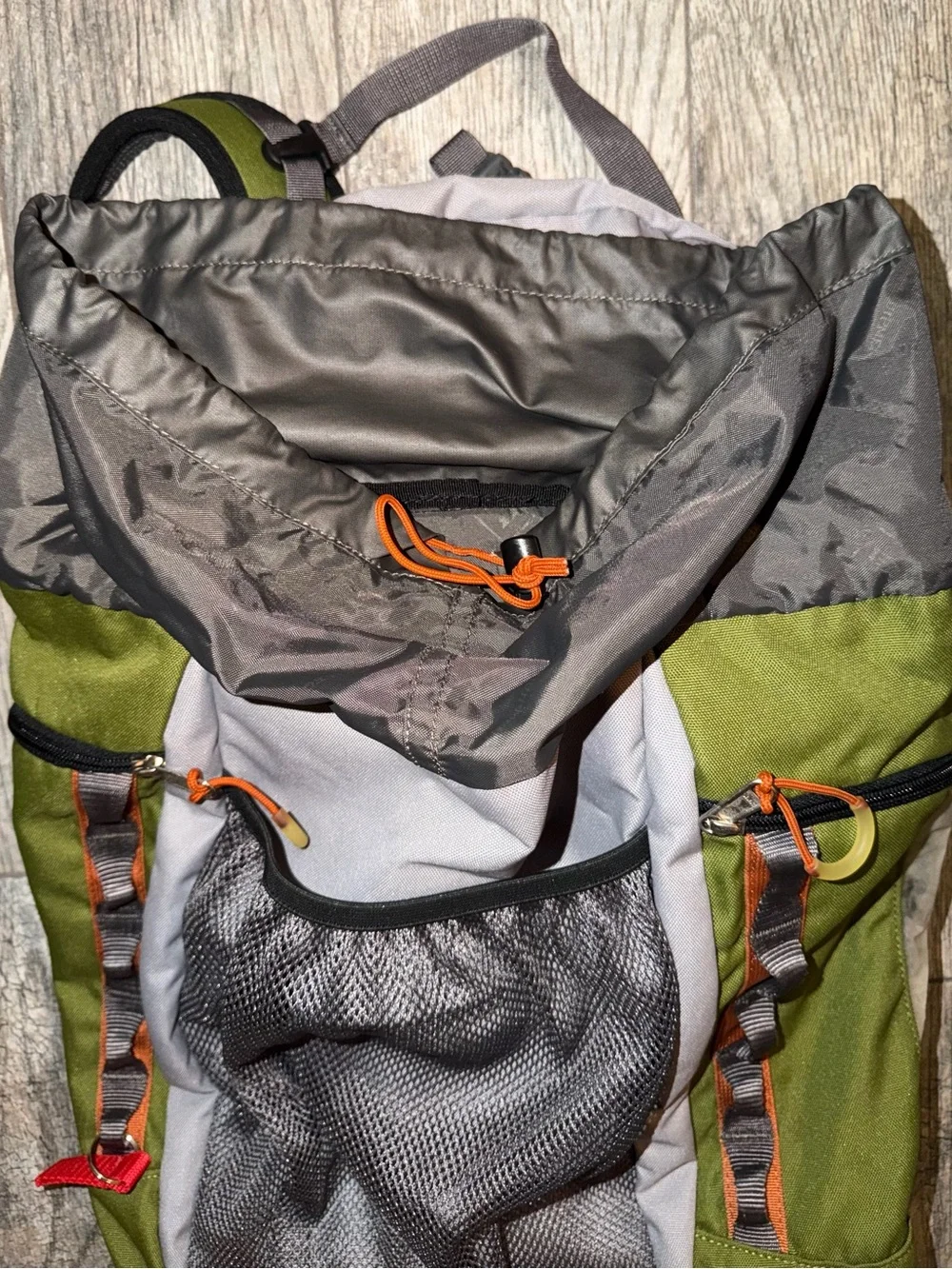 REI Olive Green and Gray Hiking Backpack with Orange Accents